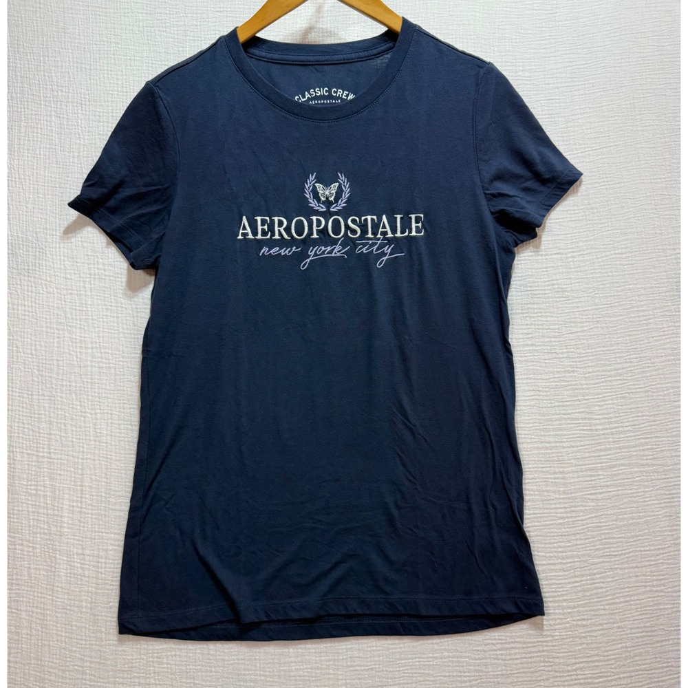 Aeropostale Classic Crew T-Shirt Womens XL Navy Blue Butterfly NYC Graphic Y2K